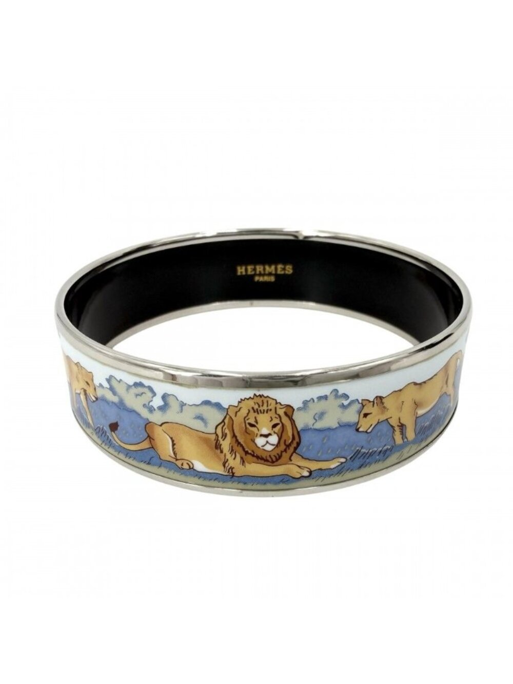 Hermes Bangle Enamel GM Bracelet Lion Cloisonne Blue Black Silver